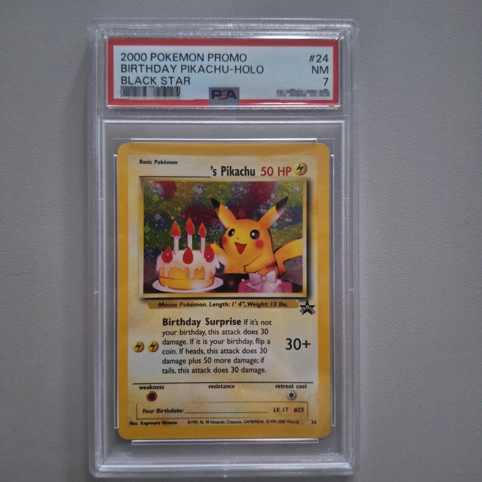 Birthday Pikachu-Holo PSA 7 NM, Ophalen of Verzenden, Zo goed als nieuw, Losse kaart, Foil