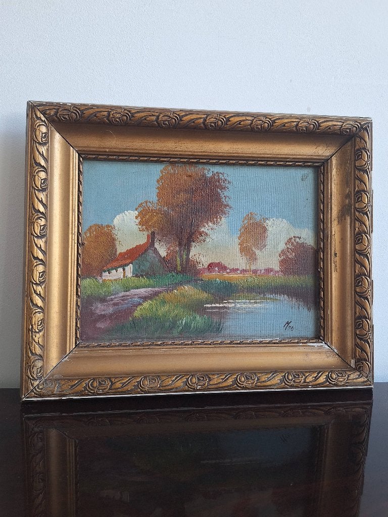 Olieverfschilderij Landschap met huisje en water, Antiek en Kunst, Kunst | Schilderijen | Klassiek, Doek, Realistisch, Ophalen of Verzenden