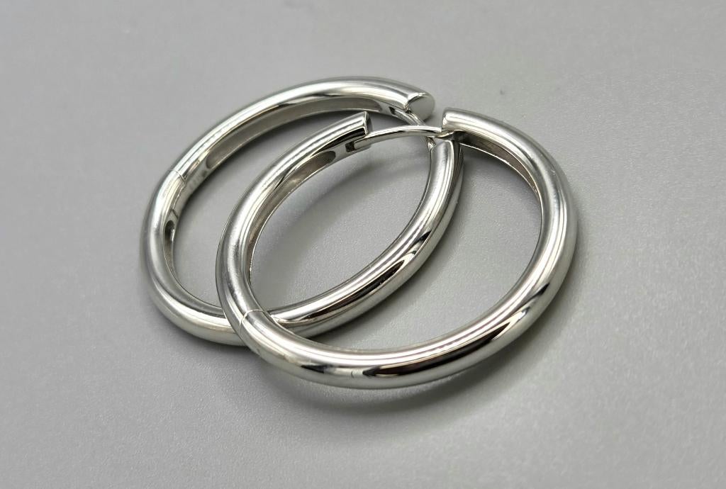 Créoles à clap lisse en tube rond argenté. 2026/211., Bijoux, Sacs & Beauté, Boucles d'oreilles, Neuf, Enlèvement ou Envoi, Argent