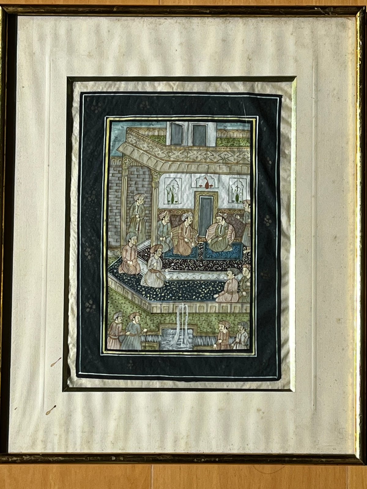 Old Indo-Persian Mughal painting handpainted palace scene, Ophalen of Verzenden, Achter glas, Gouache