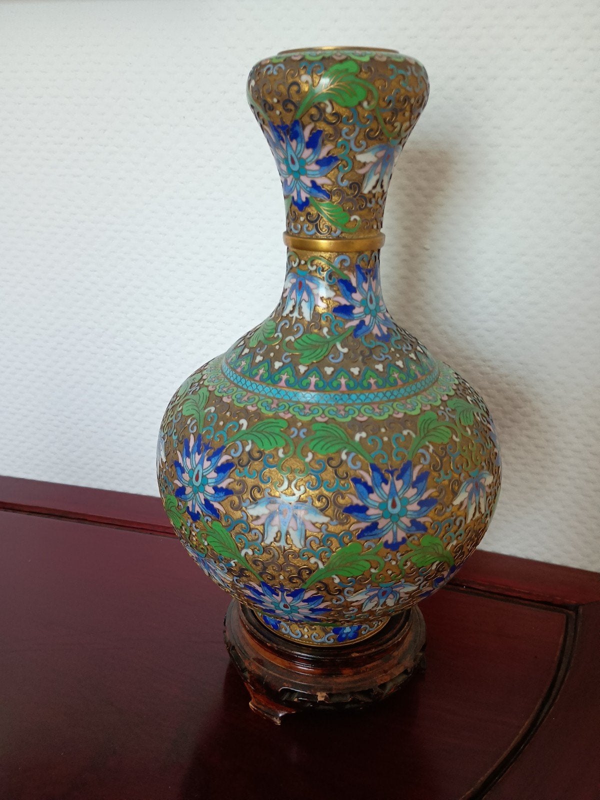 Vase chinois tête d ail email cloisonné 37 cm hauteur totale, Antiquités & Art, Enlèvement ou Envoi