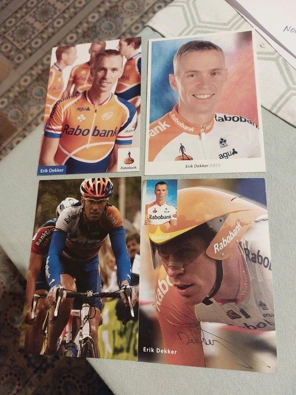 4 Wielerkaarten : Erik Dekker / Rabobank, Verzamelen, Ophalen of Verzenden, Gebruikt, Poster, Plaatje of Sticker