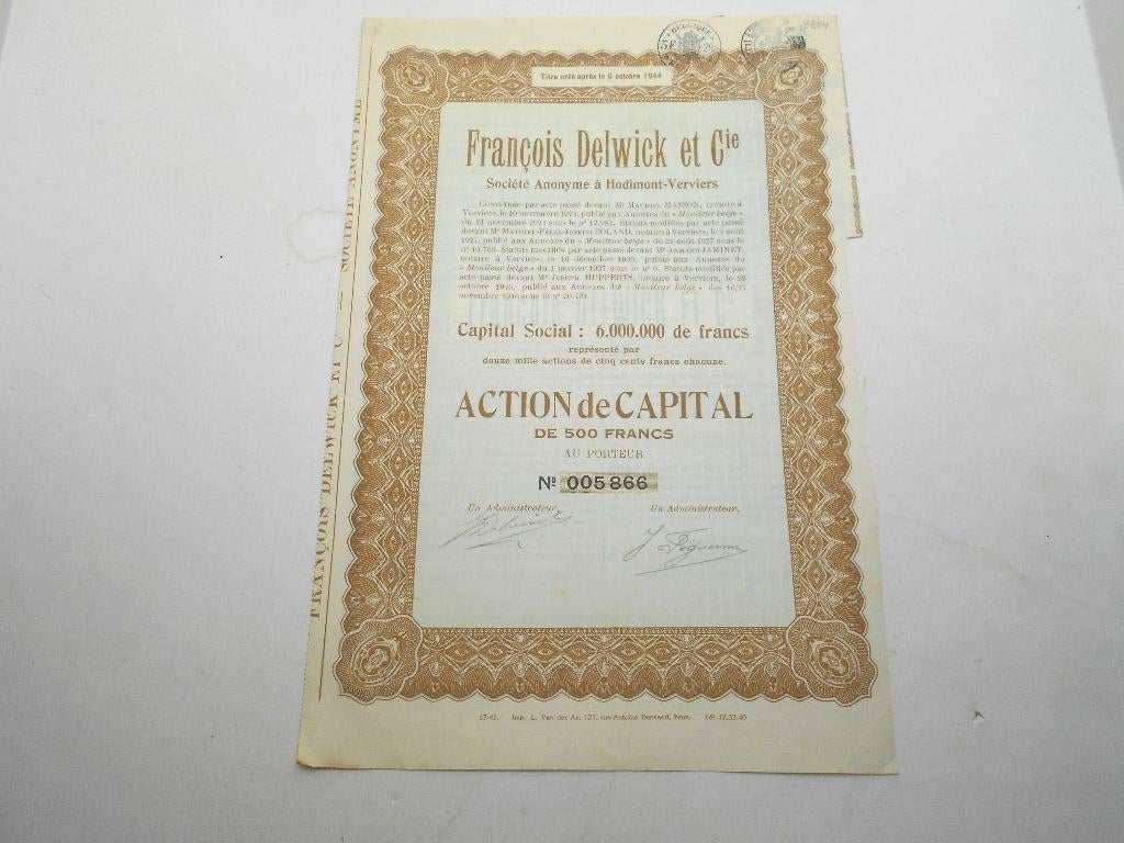 action " François Delwick " Hodimont Verviers tannage cuir, Postzegels en Munten, Aandelen en Waardepapieren, Ophalen of Verzenden