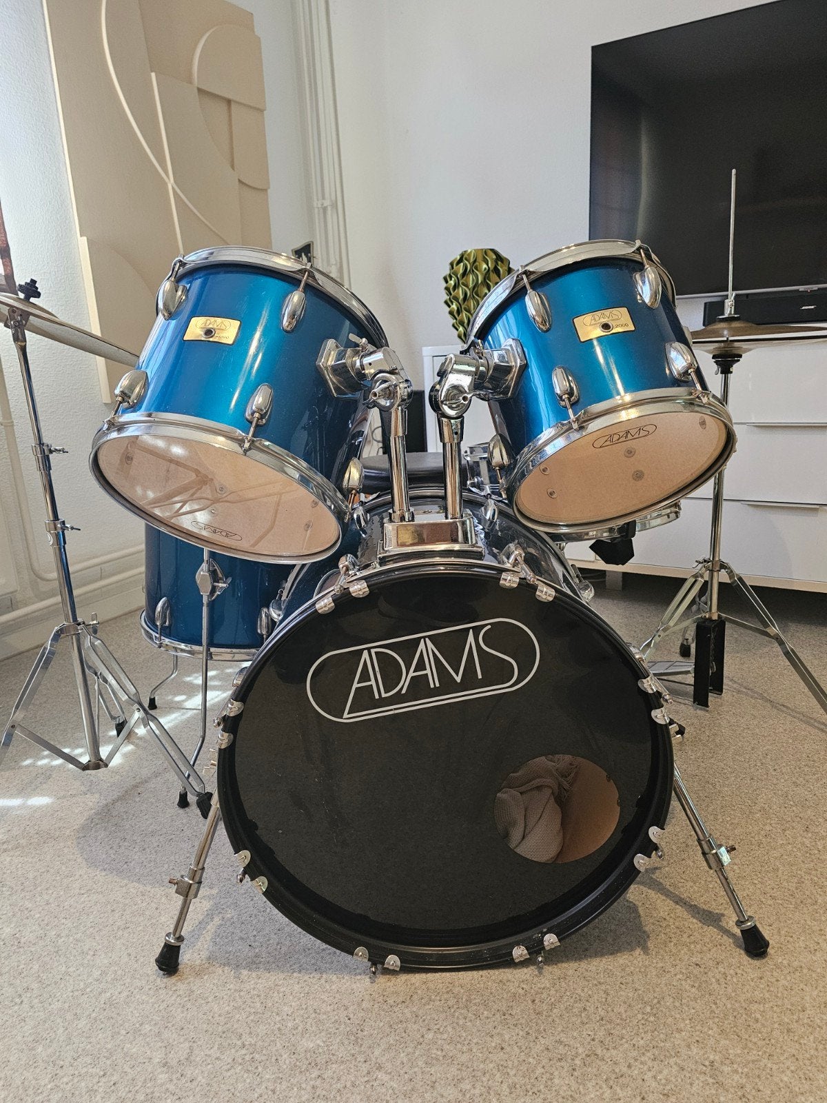 Een mooie blauwe beginners drumstel van het merk Adams, Muziek en Instrumenten, Ophalen, Gebruikt, Overige merken