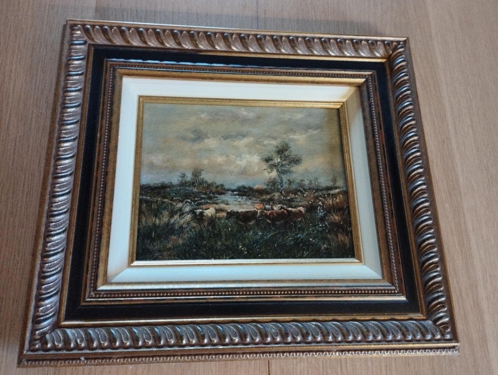 Peinture à l'huile . Bertin. Paysage + Vaches. 45 x 40, Antiquités & Art, Enlèvement, Peinture à l'huile, Paysage