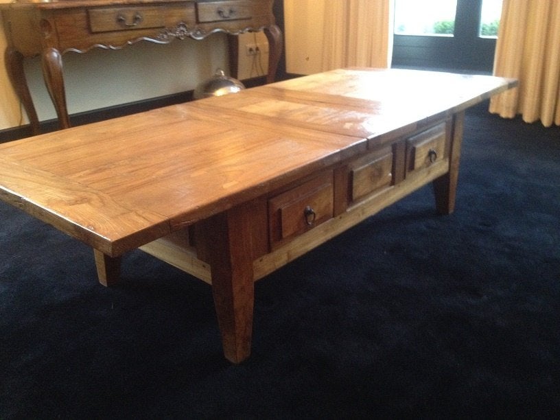 NIEUWE uittrekbare SALONTAFEL - TAFEL OUD TEAK Flamant, Huis en Inrichting, Ophalen, Hout, Bruin, Landelijk