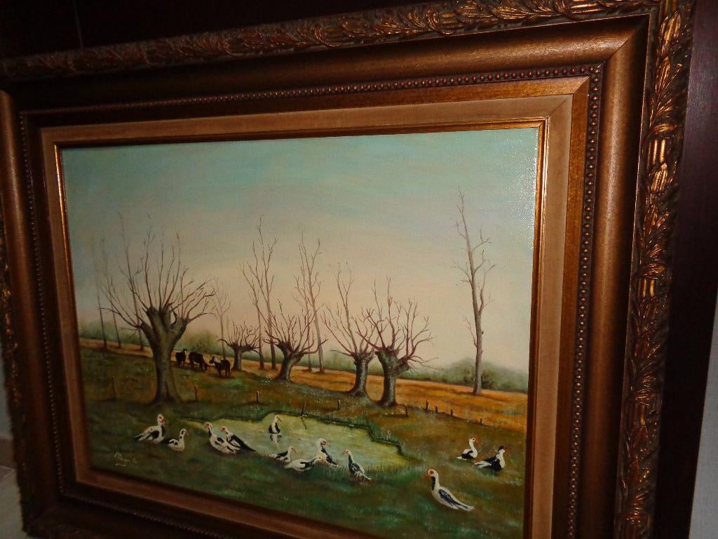 *Belle grande peinture ancienne « Canards et chevaux », Enlèvement ou Envoi