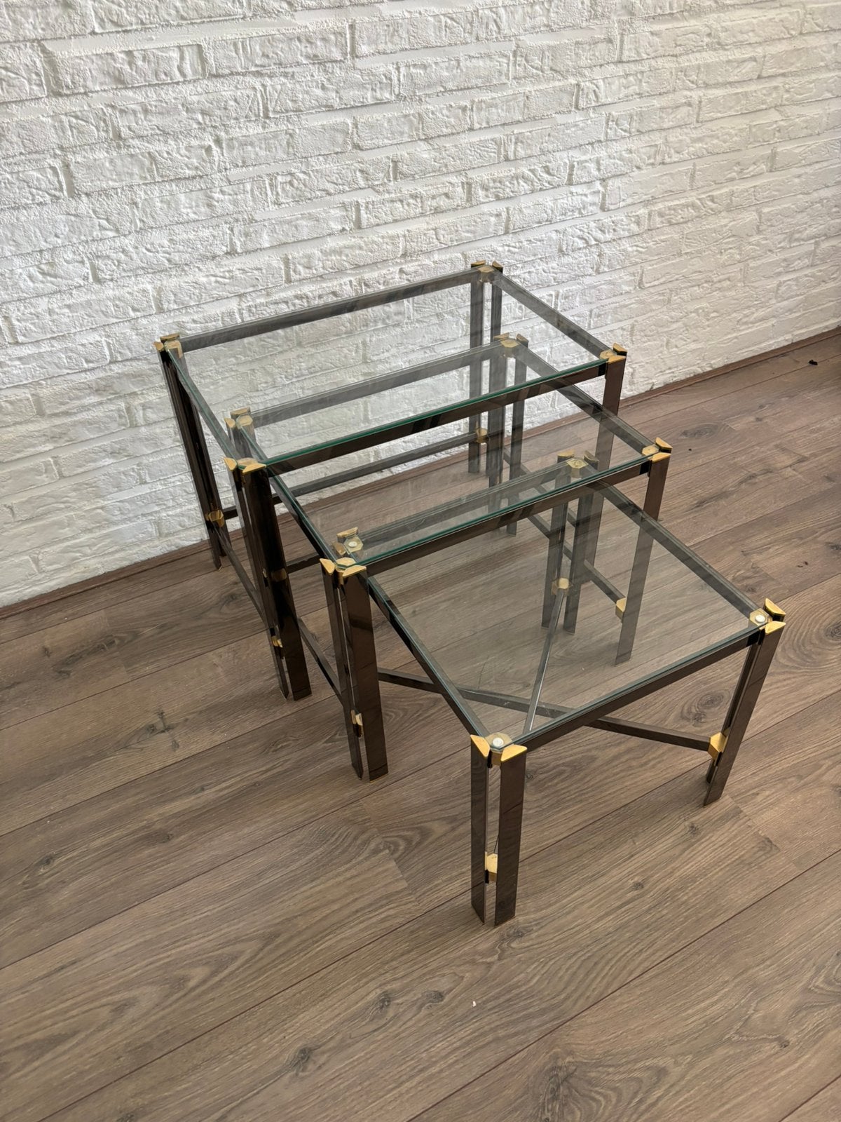 Tables d'appoint italiennes vintage en chrome et laiton 1970, Maison & Meubles, Enlèvement, Comme neuf