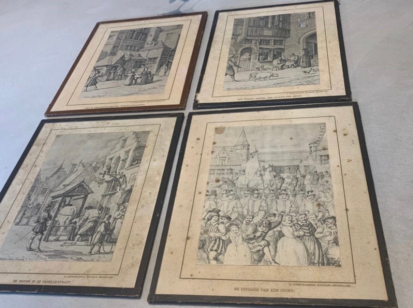 4 antieke prenten Frans Van Kuyck 1894 Brussel, Antiek en Kunst, Ophalen of Verzenden, Achter glas