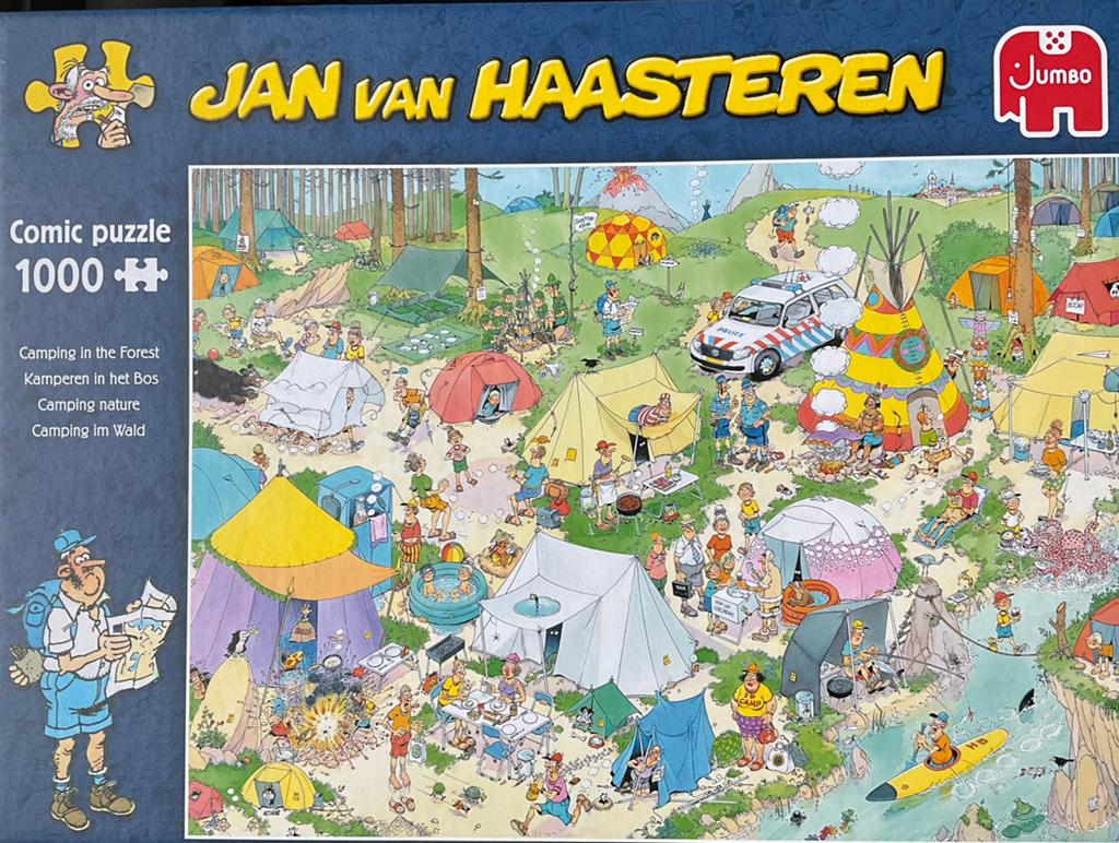 Jan van Haasteren - kamperen in het bos - 1000 stuks, Hobby & Loisirs créatifs, Sport cérébral & Puzzles, Enlèvement, 500 à 1500 pièces