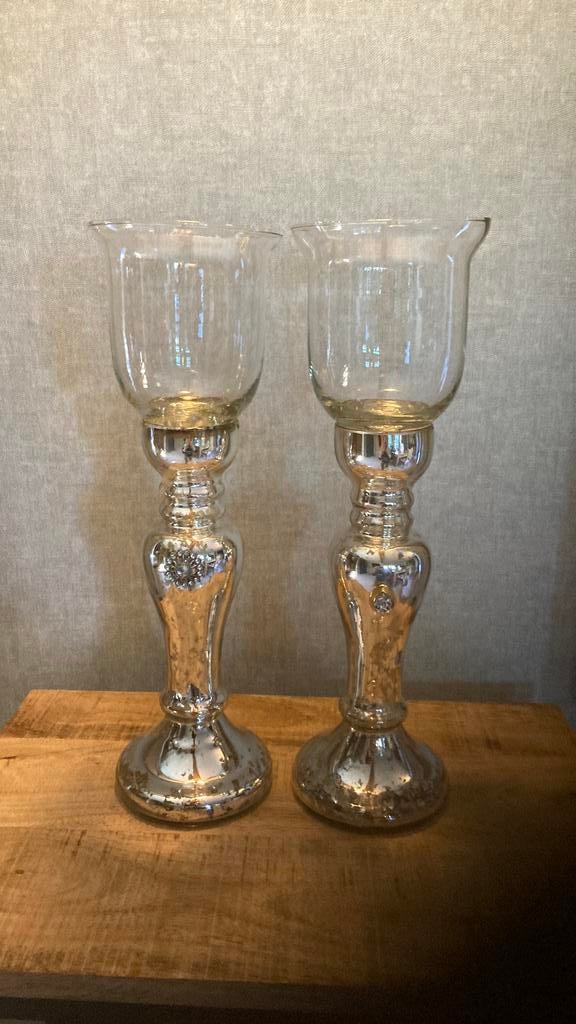 Glazen kandelaars met spiegelglans, Antiek en Kunst, Ophalen, Glas
