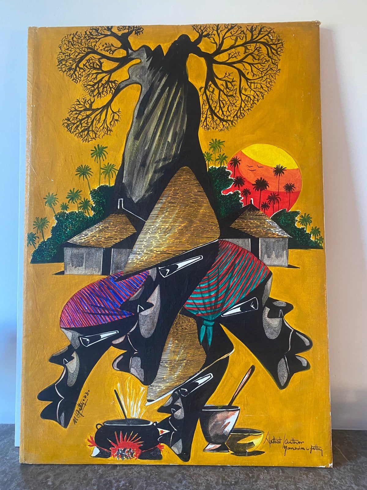 Afrikaanse olieverf op doek, Antiek en Kunst, Kunst | Schilderijen | Abstract, Ophalen of Verzenden