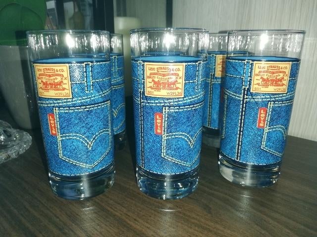 6 drinkglazen levis strauss - jeans., Ophalen of Verzenden, Zo goed als nieuw