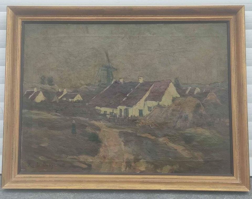 huile sur toile paysage hollandais signe rene de baugnies, Antiquités & Art, Enlèvement ou Envoi, Impressionniste, Paysage, Toile