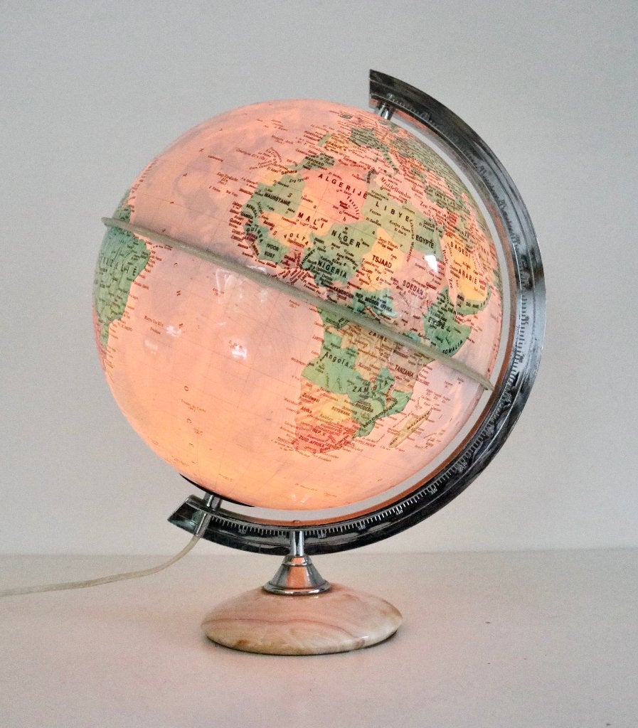 Vintage wereldbol met marmeren voet - Globe made in Italy, Ophalen of Verzenden, Verlicht, Zo goed als nieuw