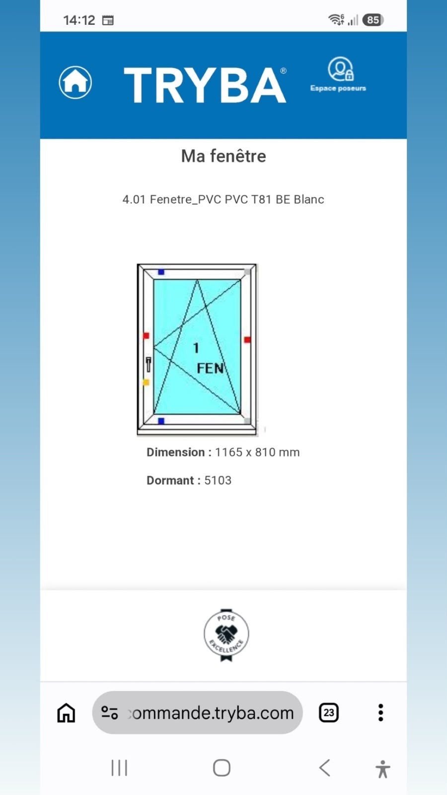 Porte-fenêtre Oscillo-battantes (Gamme T81). PVC TRYBA, 75 à 150 cm, Enlèvement, Vitre comprise, Autres matériaux