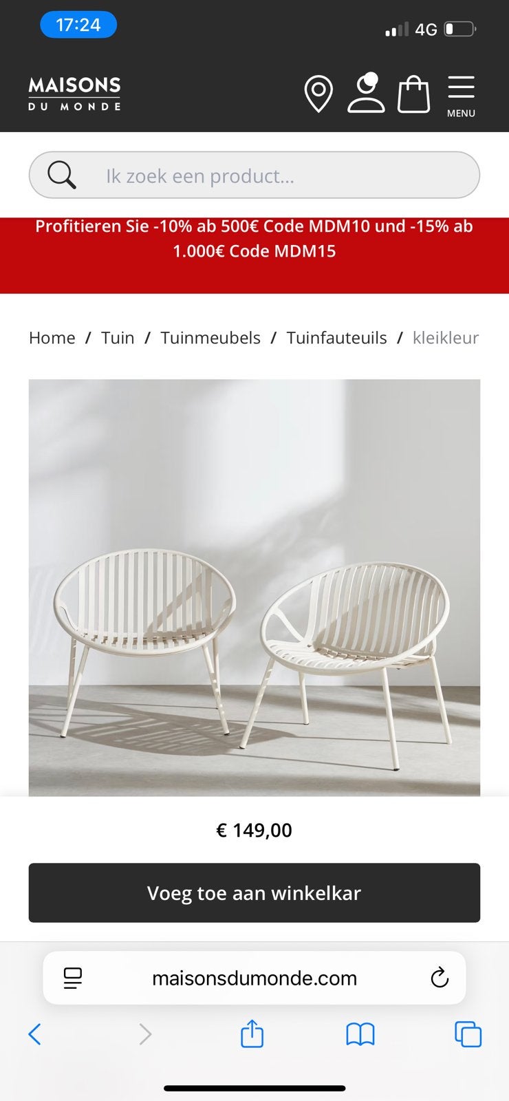 2 tuinstoelen les maisons du monde, Maison & Meubles, Chaises, Comme neuf, Deux, Enlèvement, Métal