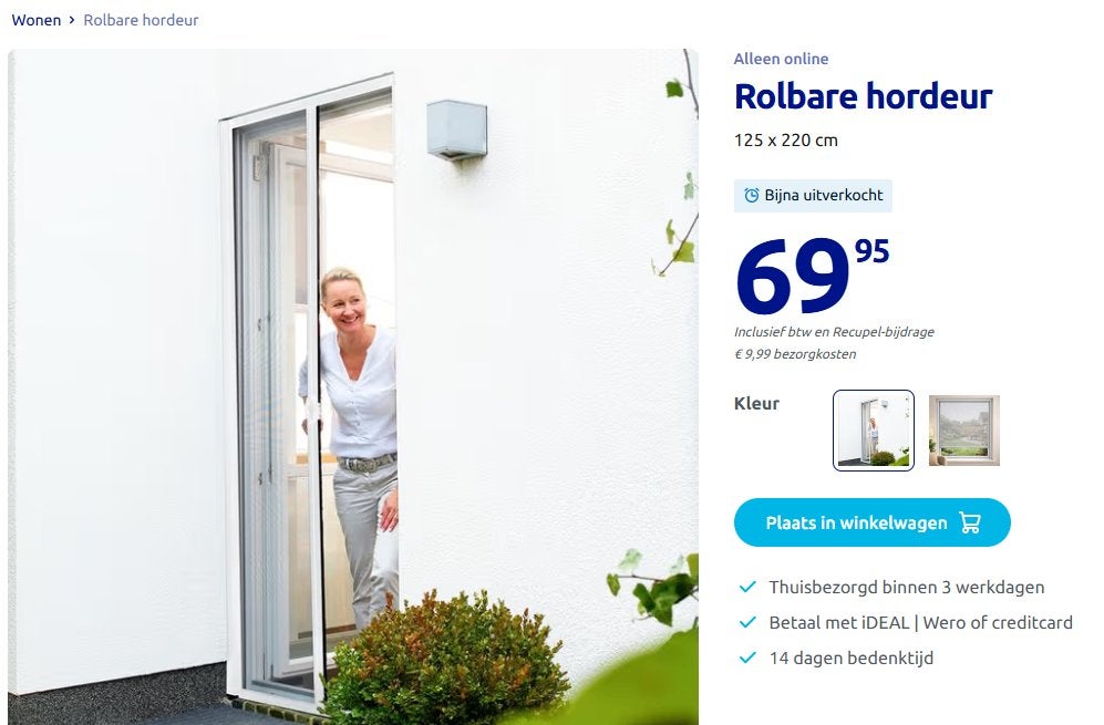 rolbare hordeur 125 x 220 cm - nieuw Action - met factuur, Bricolage & Construction, Fenêtres & Moustiquaires, Neuf, Porte moustiquaire
