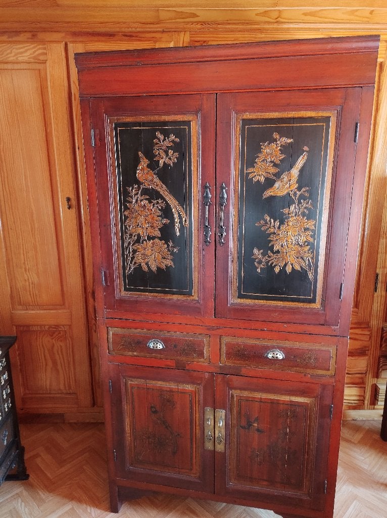 Meuble chinois antique avec gravure et peinture d’oiseaux, Enlèvement