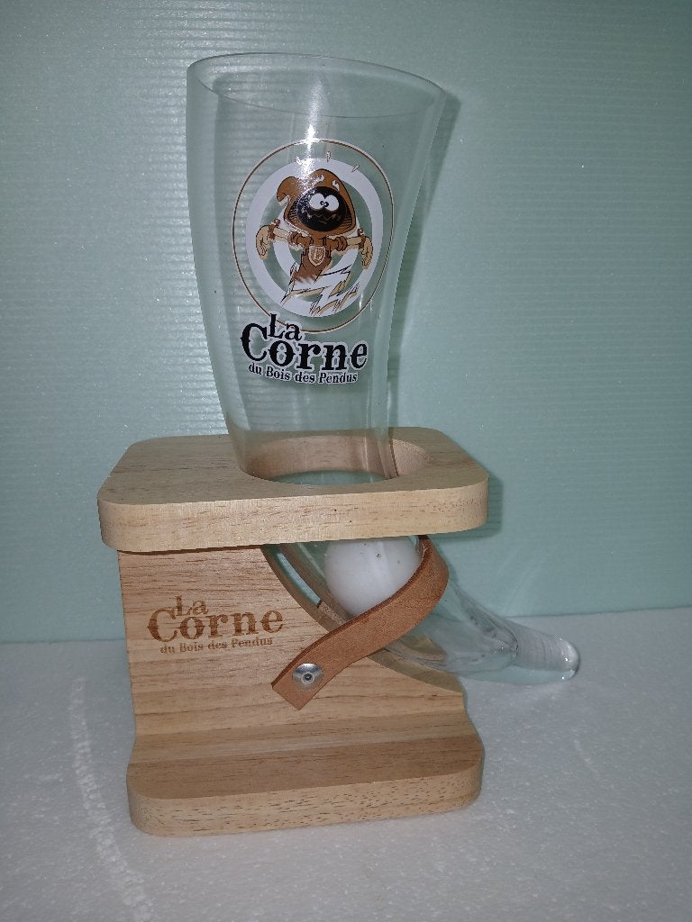 Verre et socle en bois LA CORNE DU BOIS DES PENDUS, Collections, Marques de bière, Comme neuf, Verre ou Verres, Autres marques