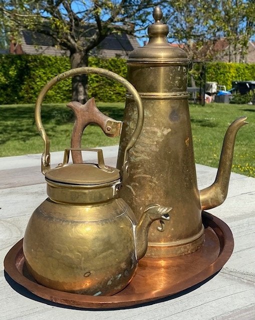 Vintage koperen koffieset met waterketel en dienblad, Antiek en Kunst, Ophalen, Koper