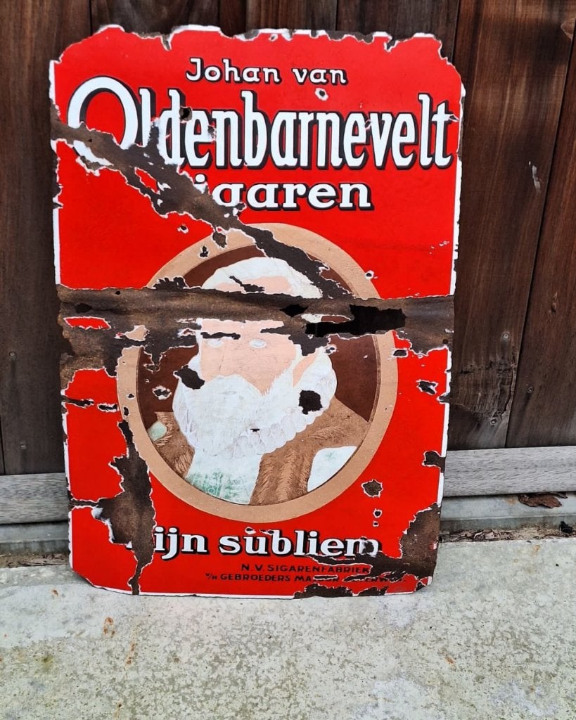 Antiek emaille bord, Johan van Oldenbarnevelt sigaren., Ophalen of Verzenden, Gebruikt, Reclamebord