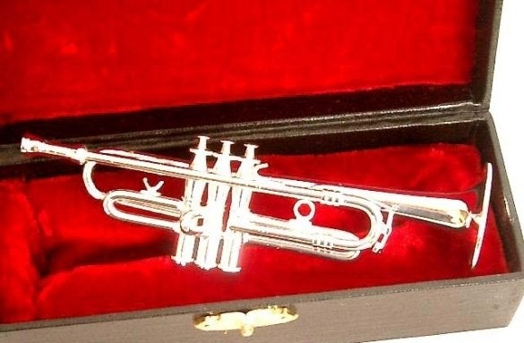Miniatuur trompet met koffer, zilverkleurig, 11 cm, Muziek en Instrumenten, Niet ingevuld, Niet ingevuld, Nieuw, Ophalen of Verzenden
