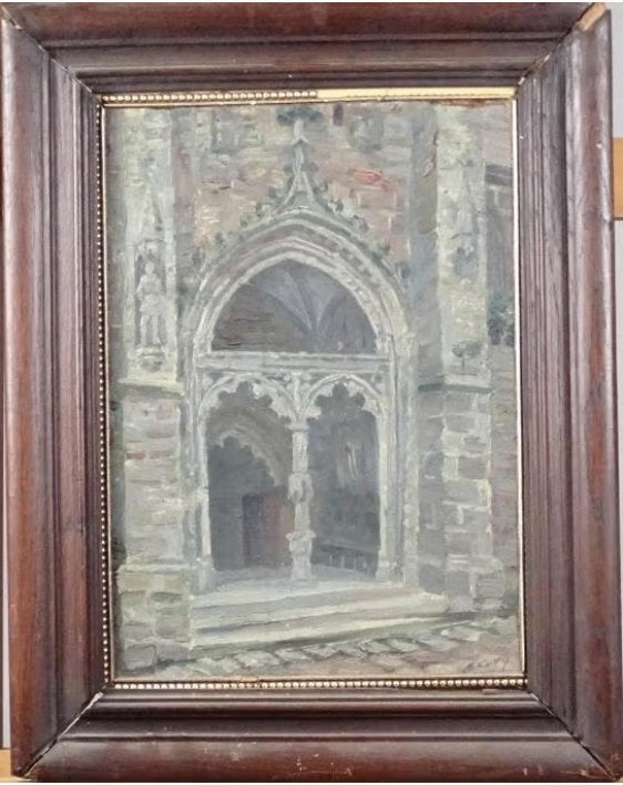 huile sur toile entree d eglise signe charles caty, Antiquités & Art, Enlèvement ou Envoi, Dessin, Toile
