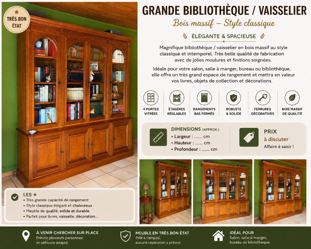 Bibliotheque/vaisselier bois massif, Avec porte(s), 25 à 50 cm, 200 cm ou plus, Cerisier