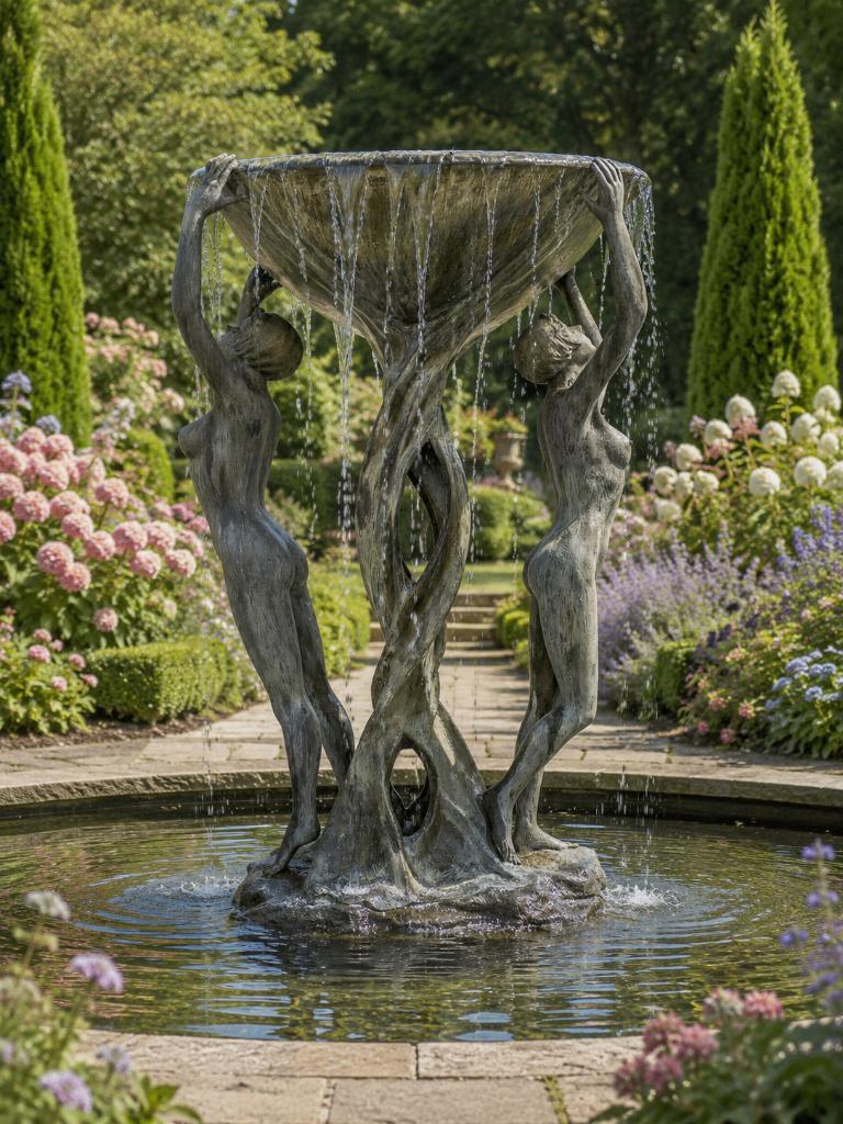 BRONZEN PRACHTIGE FONTEIN 2 DAMES MET SCHAAL, OOK ANDERE !!!, Tuin en Terras, Waterpartijen en Fonteinen, Ophalen of Verzenden