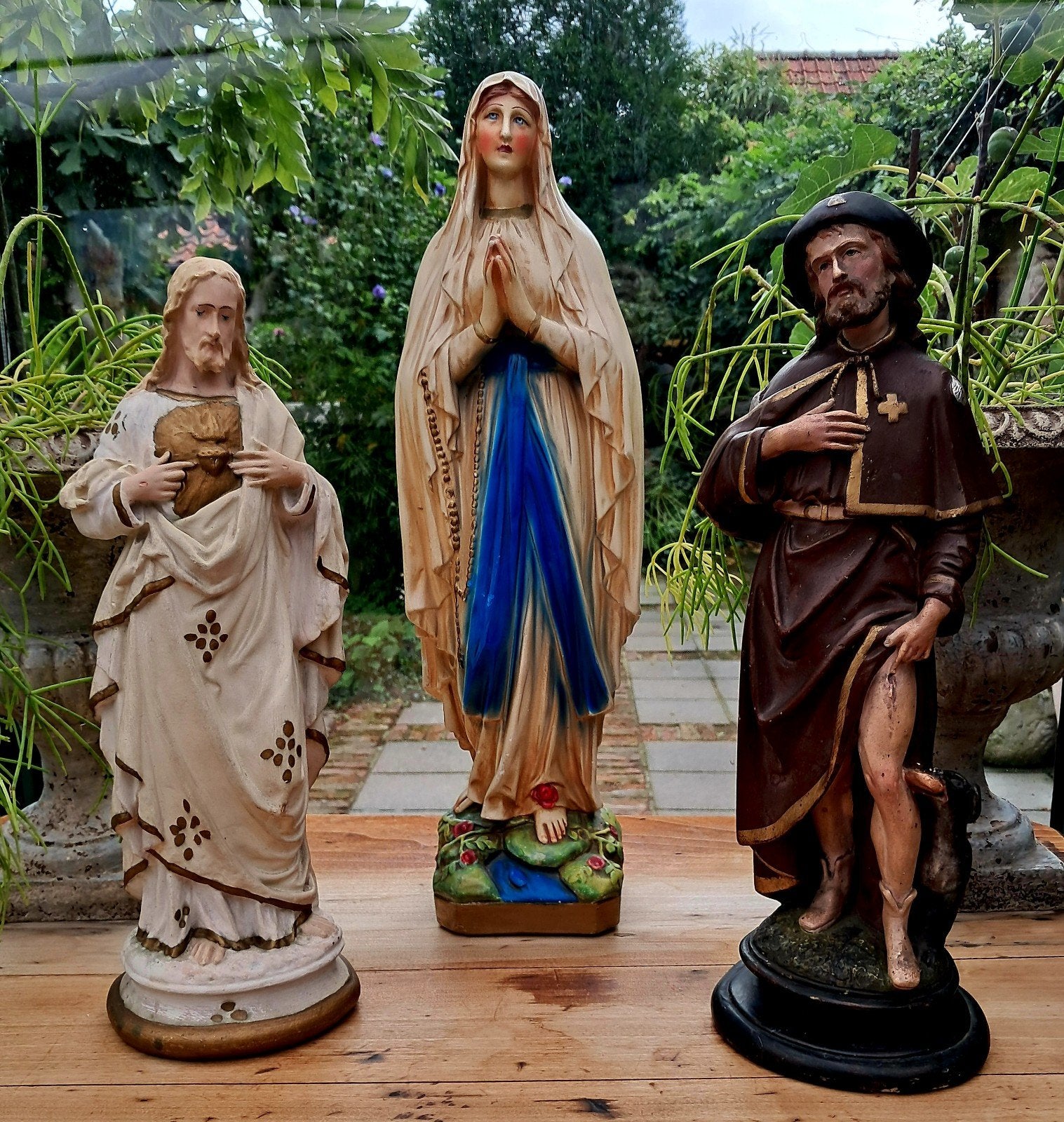 3 prachtige, handgeschilderde polychrome heiligenbeelden, Antiek en Kunst, Ophalen of Verzenden