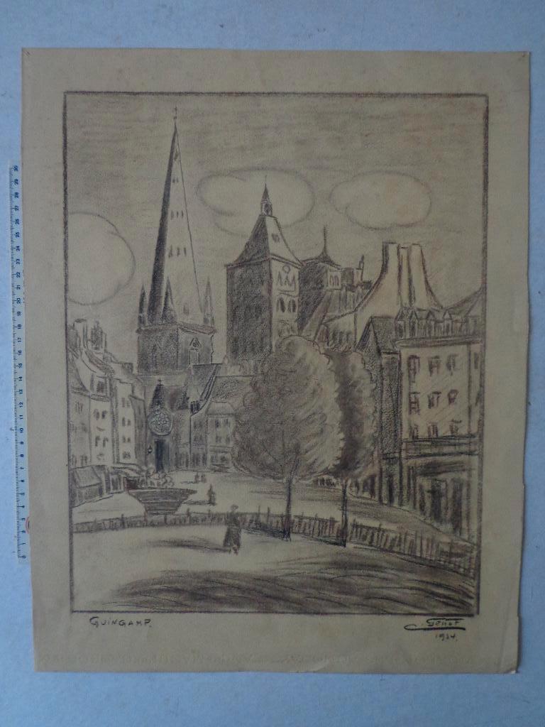 Tekening van Julien Genot uit 1934 "Guingamp", Antiquités & Art, Art | Dessins & Photographie, Enlèvement ou Envoi, Photo, Signé