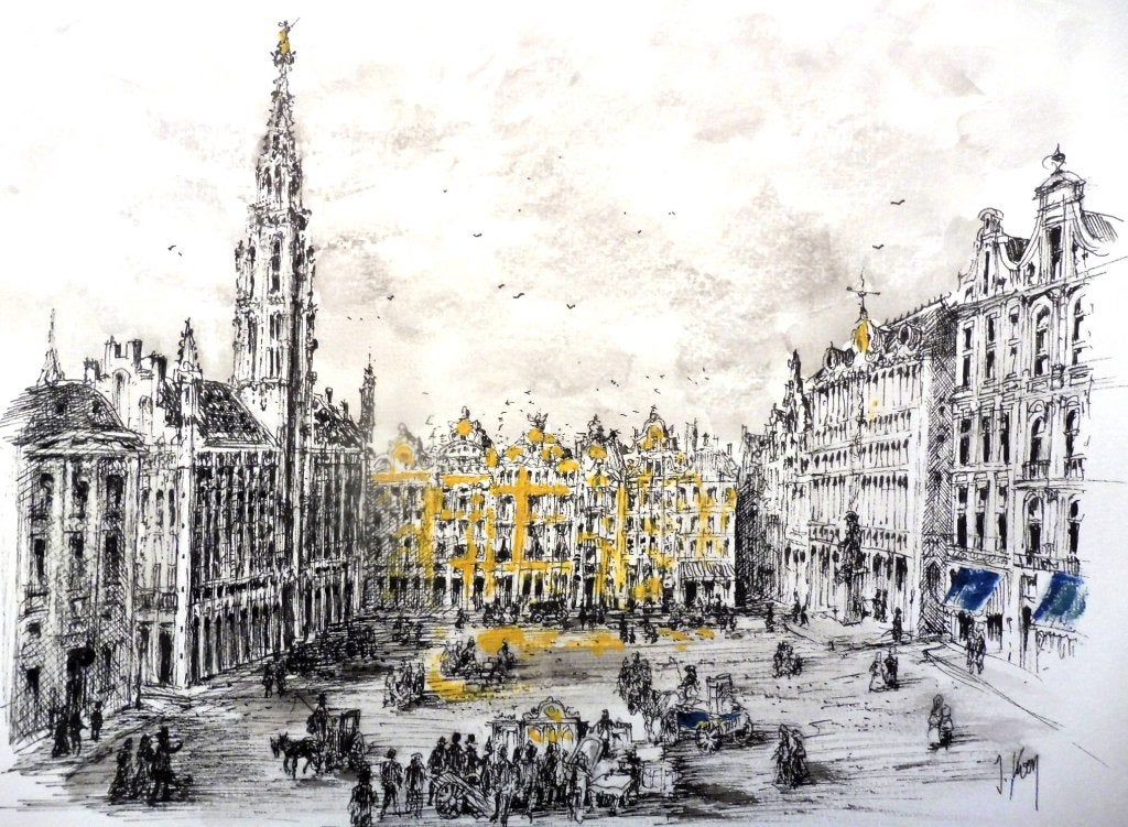 Dessin original encre de chine "Bruxelles ancien" 24x32cm, Envoi, Dessin, Dessin à la plume, Signé