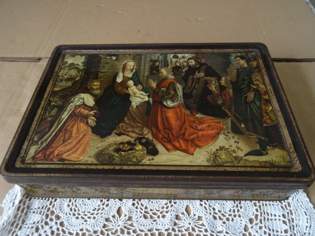 Vintage koekblik De aanbidding door de koningen 11x20x6cm, Ophalen of Verzenden, Gebruikt, Overige typen, Christendom | Katholiek