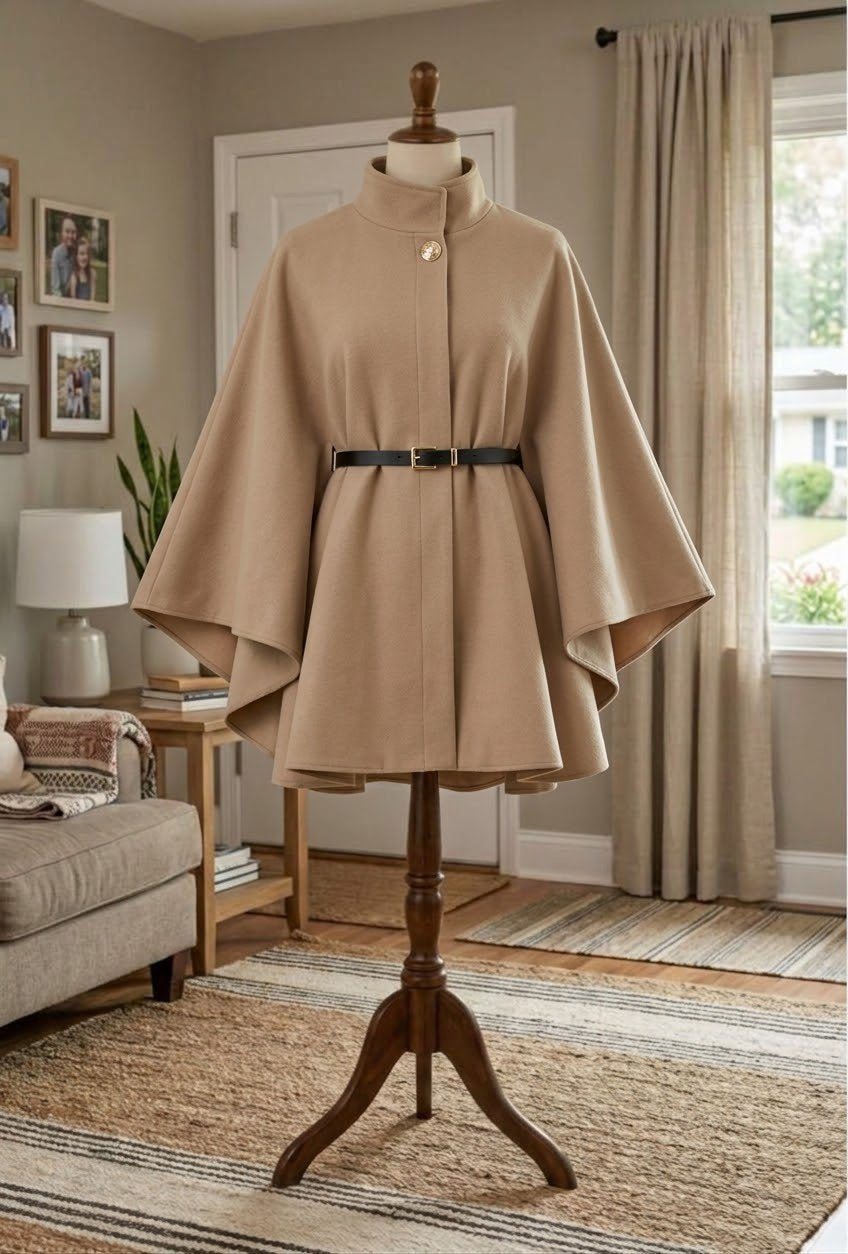 Elegante beige cape met zwarte riem en opstaande kraag, Enlèvement ou Envoi, Neuf