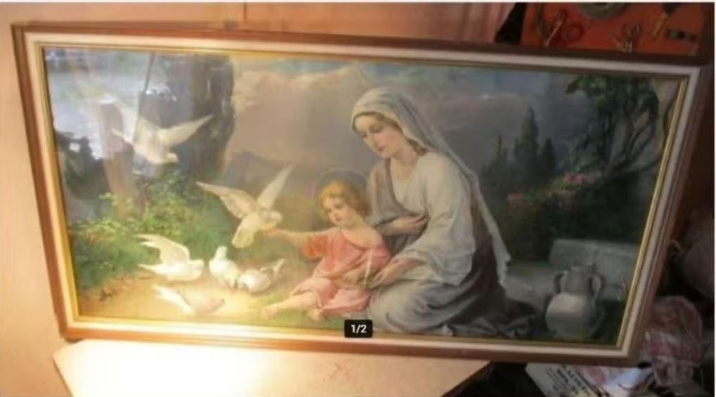 Prachtige Antieke religieuze Prent - Maria en Jezus - 106x56, Antiek en Kunst, Ophalen of Verzenden