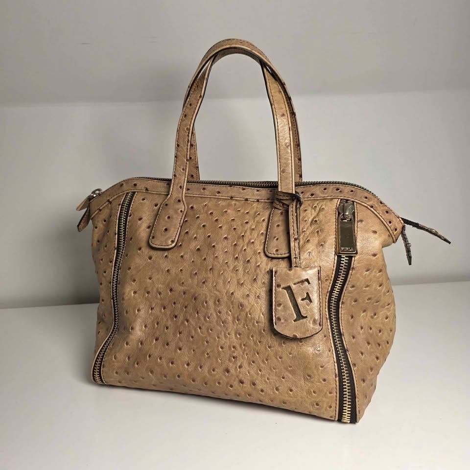 Originele FURLA Handtas – Echt Leder (Struisvogelprint), Ophalen, Zo goed als nieuw, Beige, Handtas
