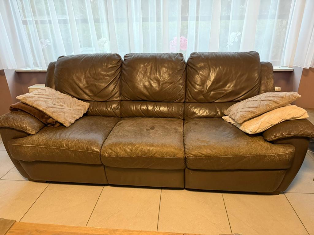 Gratis ! 2 lederen 3-zit zetels met relaxfunctie, Ophalen, Gebruikt, Leer, Rechte bank
