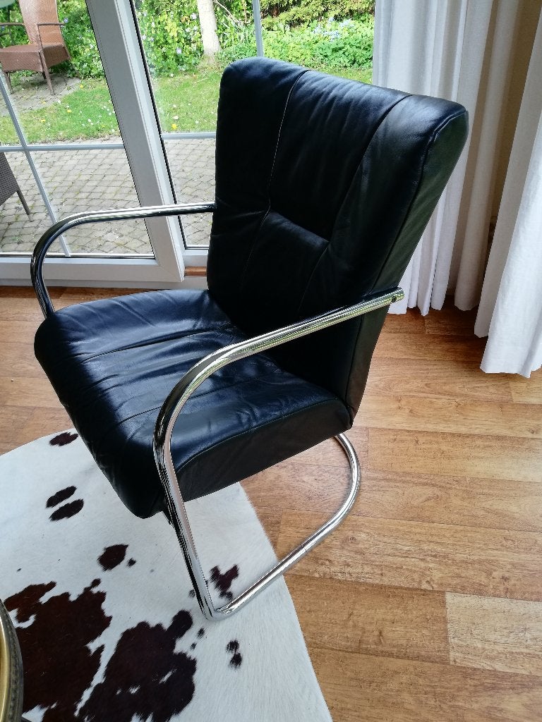 Vintage fauteuil zwart leer chroom Deens design KEBE, Moins de 75 cm, Comme neuf, Enlèvement, 50 à 75 cm