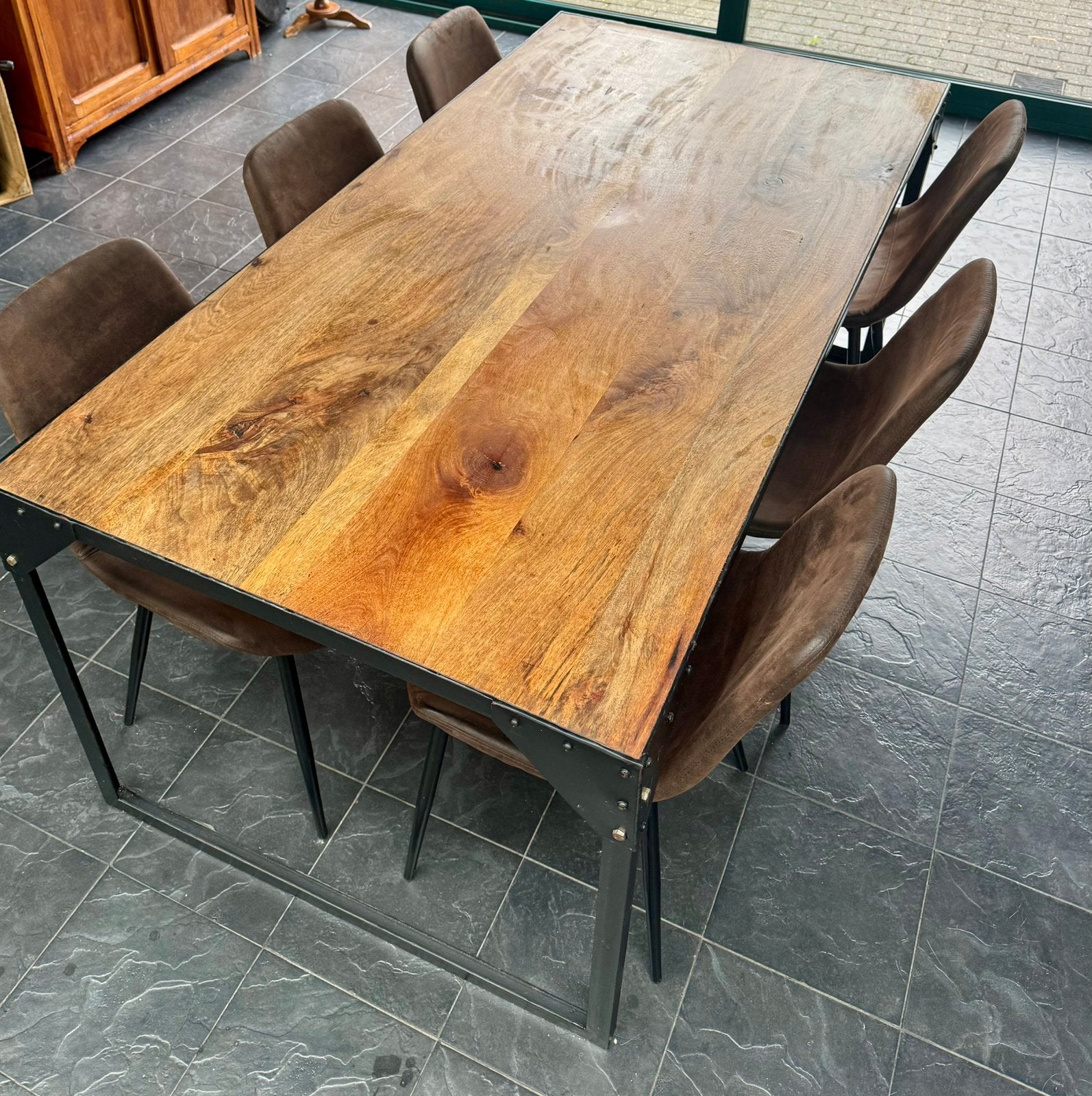 Eettafel 6/8 personen hout/metaal, Huis en Inrichting, Tafels | Eettafels, Ophalen, Zo goed als nieuw, Metaal