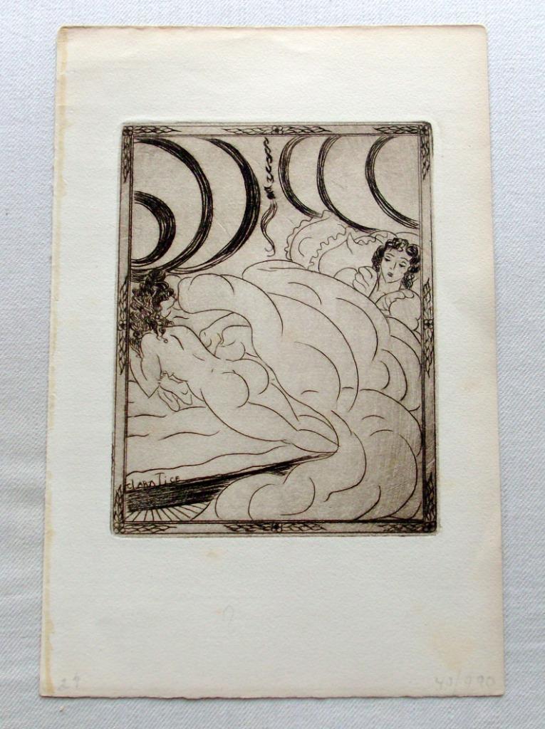 Clara Tice 1926 Risqué Z/W ets 'Bed Scene' Adv. King Pausole, Verzenden