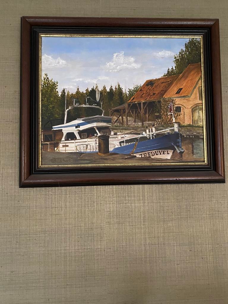 Mooi groot schilderij met boot “zeeduvel”, Ophalen of Verzenden