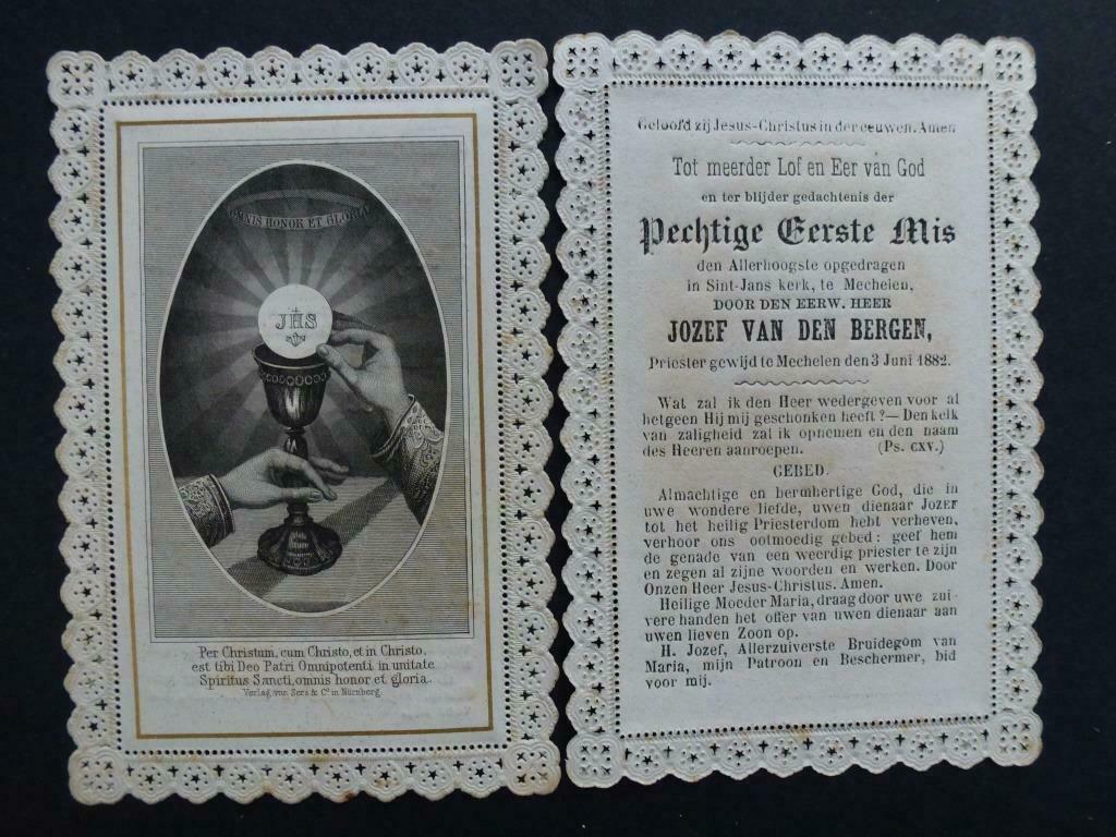 oud bidprentje eerste mis Jozef Van den Bergen 1882, Verzenden, Bidprentje