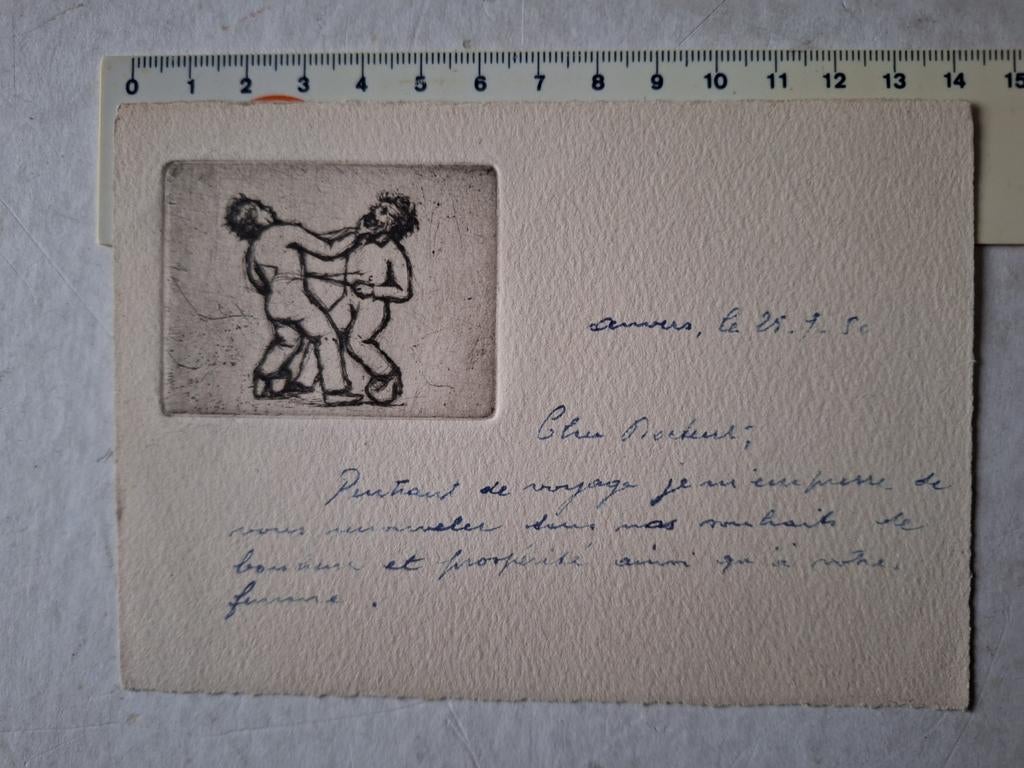 Postkaart met ets van Jaak Gorus met twee vechtende mannen, Enlèvement ou Envoi