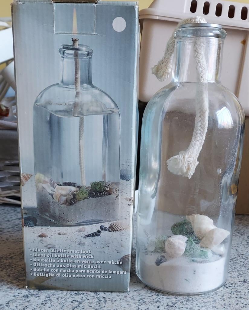 Bouteille à huile en verre avec mèche, Maison & Meubles, Enlèvement ou Envoi, Comme neuf