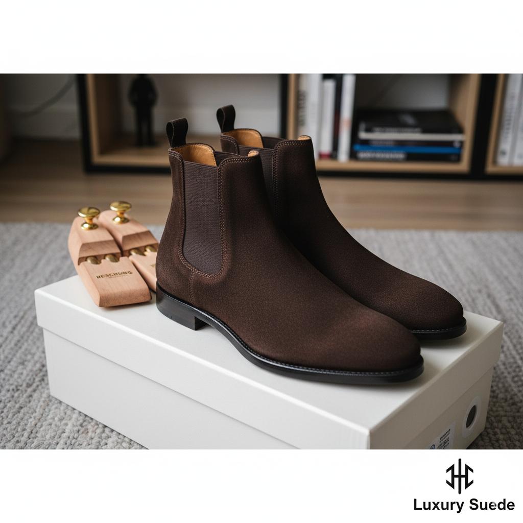 CHELSEA BOOTS VAN FLUWELEN KALFSLEER, Kleding | Heren, Schoenen, Zo goed als nieuw, Boots, Bruin, Ophalen of Verzenden