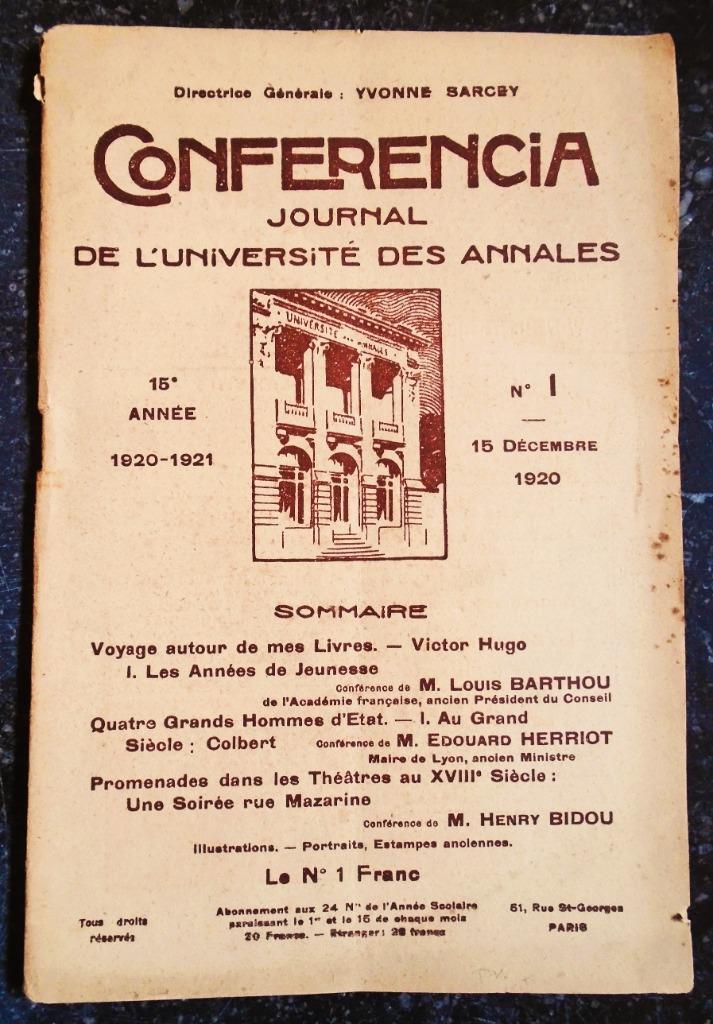 Conférencia: Journal de l'Université des Annales, n1/1920, Enlèvement ou Envoi, Utilisé, Autres types
