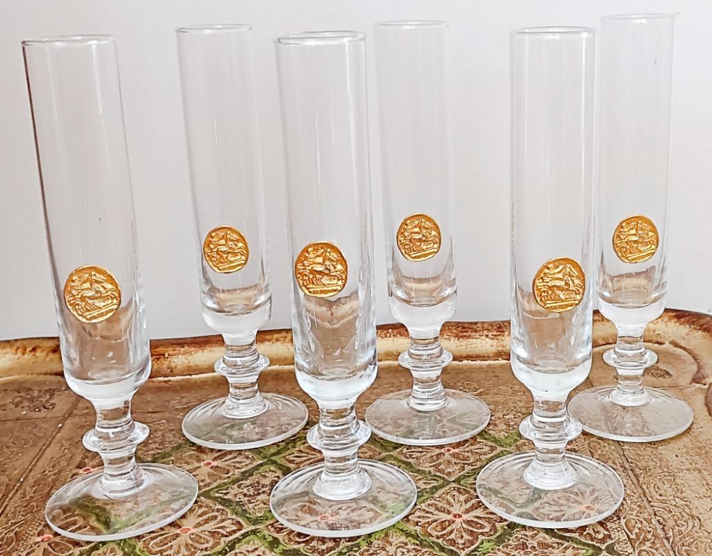 6 verres à liqueur verre souflé, sceau attelage romain doré, Ophalen of Verzenden