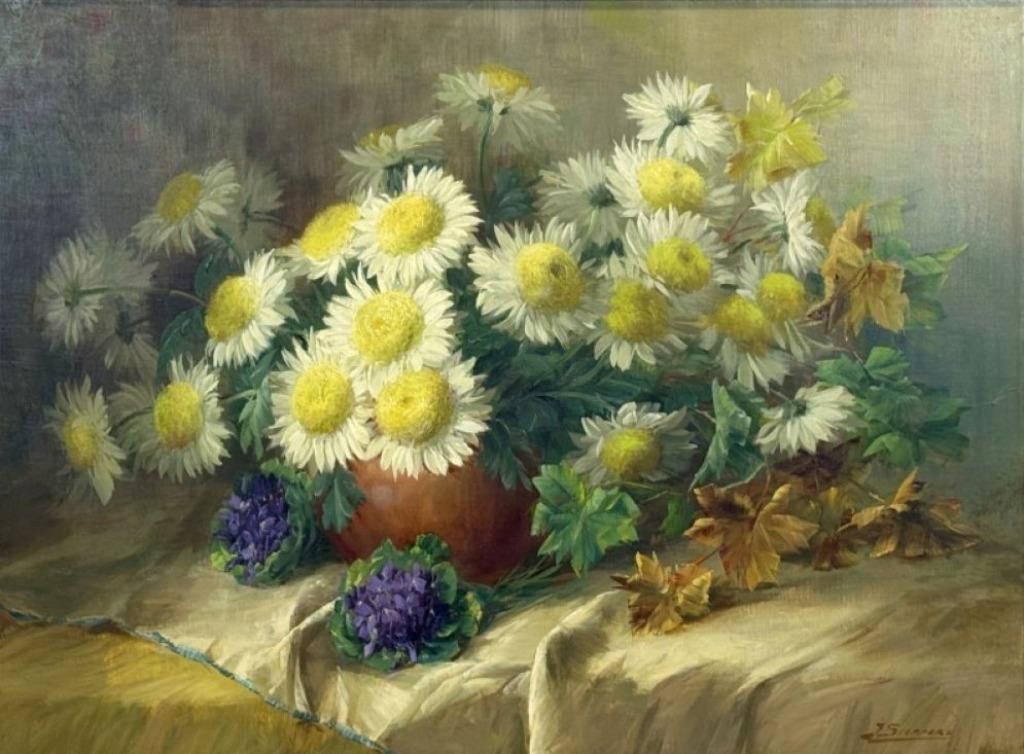 "Stilleven met magrieten in vaas en Saintpaulia" - Julien St, Antiek en Kunst, Ophalen