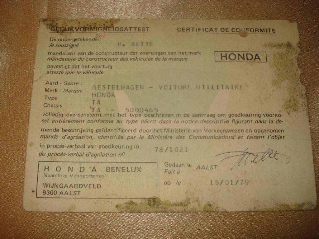 Ancien Certificat de Conformité Camionnette Honda Type TA, Auto diversen, Handleidingen en Instructieboekjes, Ophalen of Verzenden